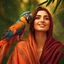 Placeholder: Hyper Realistic close-up-view of a Beautiful-Young-Happy-Pashto-Woman-with-beautiful-eyes-smiling-with-a-parrot, orange-dress-&-maroon-shawl & breeze-whirling in a jungle-with-tall-trees & cloudy-sunset-&-sun-rays showing dramatic & cinematic ambiance