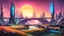 Placeholder: Solar punk futuristic world, futuristic sci-fi buildings with neon saber lights, Vibrant grassland, sunrise from river, bridge on the right