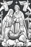 Placeholder: cartoon style, only strokes black white, simple lines, baby Jesus lying in a manger, mary and joseph, barn animals, the 3 wise men, white backgrond, white hair and beard, biblical characters, no grayscale