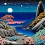 Placeholder: Colourful, peaceful, Hiroshige, night sky filled with galaxies and stars, rock formations with fossils, flowers, one-line drawing, sharp focus, 8k, deep 3d field, intricate, ornate