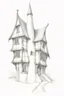 Placeholder: A pencil sketch front elevation line drawing of a tall, narrow, twisted, mediaeval fantasy house.