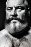 Placeholder: close up photography, dirty burly russian ugly strong chubby 56 years old man, bullneck, milk falling from above, splashing and dripping milk in the face, milk dripping on the beard, with dirty tank top, tattoo, serious eyes, manly chest, 35mm lens, natural light