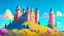 Placeholder: Castle on a hill, Pink walls, orange towers, yellow flowers on the ground, dark blue roof and aqua blue sky, very detailed and realistic