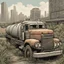 Placeholder: Gas station, overgrown apocalyptic city background,comic book, gasoline tanker truck