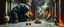 Placeholder: master oil painting by Escher and Giger, glaring vases and black humanoid reflective expressive long clunky obese elder troll bear and hidden magic aura golden eel with beard inside marble hall library, cryptic eggs, sacred geometry, fire fog and steam border, fire elemental creature, twisted dimensional portal for ice elemetals only