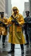 Placeholder: retro nypd full body color 1920 blackmen policeman wtih heavy yellow rain transparent coat with thompson riffle