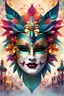 Placeholder: Generate an illustration of a festive carnival venetian antique mask over a low poly vibrant female, ultra detailed 32k , the joyful atmosphere over a misty Venice background, shunga style