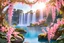 Placeholder: magic garden with pink trumpet vine, white or parma or blue light effects colors, sun, realistic, very detailed, pink trumpet creeper, peaceful lake, waterfalls in the background of the park, high contrast, 8k, high definition, concept art, sharp focus
