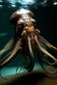 Placeholder: hyper realistic giant scary squid in water