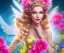 Placeholder: beautiful bright fairy portrait who smiles with long hair, thin face, two hands, two transparent wings on her back in a pink,blue, yellow flowers background,