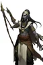 Placeholder: Ahs genasi from dnd with ashesen skin and asian flowing hair on head holding a spear in Monk attire with ash giant