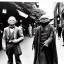 Placeholder: Creepy old photo of star wars Yoda and ewok type people out shopping at old town