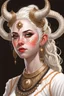 Placeholder: A teenage tiefling woman with a set of ram horns on her head encrusted with jewels, White-Blonde hair, black eyes, no pupils, dressed in white and gold with lots of jewelry