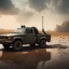 Placeholder: hyperrealistic shot, muddy military pickup truck, heavy guns mounted on back, monotone color palette, sharp focus, puddle reflection, tire water splash, refraction, mist on the horizon, shadowcast, god rays, detailed and intricate, cinematic composition, micro, tilt shift photography