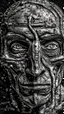 Placeholder: Bosch style painting , A balled face in details . The texture of the face is a collage of many 3D black random letters covering the whole face and the eyes are covered by caves figures