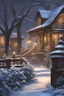 Placeholder: Beautiful old fashioned outdoor scene in winter, pretty lights, realistic, artistic, very detailed, snowy