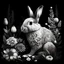 Placeholder: a beautiful rabbit between seeds and big flowers black background .black and white colors. for coloring . with grayscale