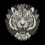 Placeholder: The picture is a black and white image of a tiger's head. The tiger has its mouth open and is showing its teeth. There are some leaves and a flower around the tiger's head. The image is on a white background.. Vintage T Shirt Design And Vector Illustration.Vector t shirt design on a white background