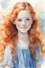 Placeholder: water-color artwork of a thirteen-year-old girl with pale blue eyes, she has long and wavy orange hair, her skin is luminous and her features delicate, she is standing under sunlight and smiling, wearing a blue dress