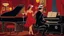 Placeholder: in a 1960s American jazz pub a man in hat and dark suit playing the piano , next to the piano standing and singing a beautiful woman in red dress . The atmosphere is warm happy and intimate, with soft, golden lights casting a glow over the wooden tables and chairs. Guests in retro attire enjoy their drinks and cigarette smoke gently swirls in the air. The intricate details and sharp focus , photorealistic