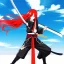 Placeholder: A Young badass adult with long red hair holding a visible perfect katana with one arm in a fighting stance against an enemy and the other arm raised with one finger up surrounded by the spiritual pressure ANIME BLEACH lOGO by Tite Kubo