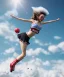 Placeholder: Ultra realistic speed clouds sky scene, wide angle view, cheerleader teenager falling down with many Children background, inflatable monsters, circus dress style, feather color, free jumping flying, many trinkets, hair monster, many jelly beans, balls, color smoke, smile, happy, extreme, wind, clouds sea, 20,000 feet altitude, stratosphere, soft color, highly detailed, unreal engine 5, ray tracing, RTX, lumen lighting, ultra detail, volumetric lighting, 3d, finely drawn, high definition.