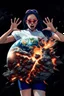 Placeholder: An image of a young woman with a surprised expression, holding her hands up as if she is reacting to a catastrophic event in front of her. She is wearing a white blouse with detail, blue shorts, and sunglasses pushed up onto her head. In front of her, there is a highly detailed planet resembling Earth, dramatically cracking and breaking apart with fiery explosions and molten lava visible at the fractures. Debris is flying outward from the planet. The background is a plain, solid color to emphasi