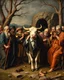 Placeholder: Bosch painting style ,nightmare, a group of people from the 2nd century stoning a cow wearing a suit and playing the trumpet