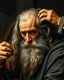 Placeholder: Bosch painting style ,nightmare, a barber kitting a the hair of an old man with long hair and beard from the the 7th century