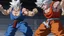 Placeholder: High quality medium shot of Senator Armstrong getting repeatedly punched by Goku, epic, buff, standing, rooftop, dust