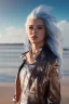 Placeholder: half body shot,realistic portrait of a 20-25 old caucasian model, long blue pink flowing hair, great grey eyes, blue leather jacket,full body, short white skirt,long legs,standing at beach of very nive lake with sunset ,clouds,godrayes