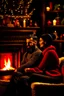 Placeholder: Fire place Christmas scene, dark haired couple, man with short black beard, blue eyes, cozy