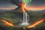 Placeholder: big waterfall with green fields, northern lights, and a volcano in fire in the background