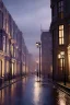 Placeholder: London street at night, many houses, wet ground, pole with round light