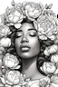 Placeholder: young Black woman, coloring page of big beautiful bouquet of peonies all around her face, her eyes are closed and dreaming peacefully, only her face shows, her face fully covered by the bouquet of peonies, use black outline with a white background, clear outline, no shadows, some colors