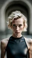 Placeholder: beautiful anorexic woman, total shot, short shiny black triathlon swimsuit, short blond wavy bob hair, blurred concrete background