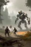 Placeholder: scena di combattimento con robot stile Jakub Rozalski