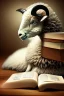 Placeholder: black sheep reads a book, many white sheep sleep, 8k quality