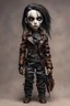 Placeholder: full color, illustration of a dark menacing leather clad motorcycle girl, tall and willowy , as a decayed, broken, crude homemade cloth doll toy, with a cracked porcelain face, thick dark eyebrows, hair made from ragged strips of cloth, in the style of Nadya Sheremet