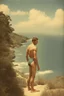 Placeholder: [vintage swimsuit man] Who was I? Where was I?… The landscape was totally unknown to me, even my body was unfamiliar. What forces brought me here? I searched my mind for memories… There was something there, but it was too clouded… A name… I scanned the horizon. A distant structure rose out of the mists. As evening approached I came upon an enigmatic oasis with a fountain.