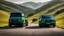 Placeholder: Cross between bugatti and a G-wagon, rear view, on a road of green hills in morning