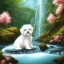 Placeholder: chiot bichon maltais blanc avec des cerisiers du japon et une cascade d'eau lumineuse