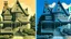 Placeholder: Two modern houses, one stuccoed in blue and the other in black, with a triangular roof, one window on each house, lawn and trees around, blue sky with clouds, a woman is standing between the two houses, Aquatint, Azulejo, Bruce Pennington