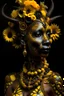 Placeholder: Beautiful humanoid l Giraffe witch black and sienna brown, Sun yellow floral and gold front wiev textured detailes skin,and fur portrait, wearing rococo style black floral ornate headdress adorned with white Golden dust beads, gold dust pearls organic bio spinal ribbed detail of african floral, sunligjt african background extremely detailed, athmoshpheric, hyperrealistic maximálist concept art