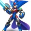 Placeholder: A sleek robotic warrior blending MegaMan Zero. The design features Zero's RED color scheme, with gold accents on shoulders, chest, and gauntlets, plus white highlights on the limbs. The aerodynamic body combines Neo Metal Sonic's sharp, angular edges with Zero's humanoid proportions. A glowing green plasma saber is held in one hand, while an energy cannon adorns the other. The helmet merges Zero’s crest and gem centerpiece with Neo Metal Sonic's spiked crown.