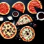 Placeholder: pizza, hamburger, coca-cola, donut, coffee, black background