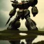 Placeholder: hyperrealistic shot, rusting and moss covered giant gundam, earth color palette, sharp focus, puddle reflection, tire water splash, refraction, rain and lightning on the horizon, shadowcast, detailed and intricate, cinematic composition, tilt shift photography