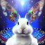 Placeholder: white platinum rabbit with blue third aye and butterfly wings, aboriginal, dot painting, indiginous, dot, mud, dream-time, abstract, dots, natural pigment, extremely sharp detail, finely tuned detail, ultra high definition, 8 k, unreal engine 5, ultra sharp focus, art germ and Paul Lewin and Kehinde Wiley, winter ambiance