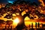 Placeholder: a large baobab tree with a glowing spiral portal in the trunk with the silhouettes of people dancing around a drum circle with a colorful realistic sunset in the background Rembrandt lighting