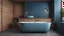 Placeholder: Comfortable bathtub and vanity with basin standing in modern bathroom black blue and wooden walls and concrete floor.Side view.